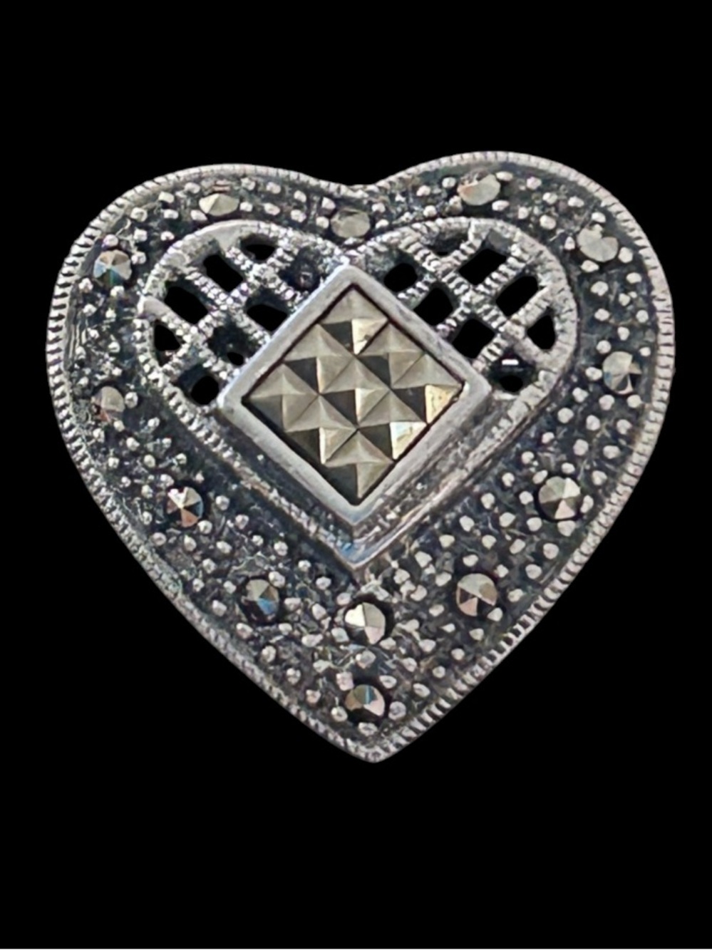 Vintage Sterling Silver & Marcasites Heart Brooch
